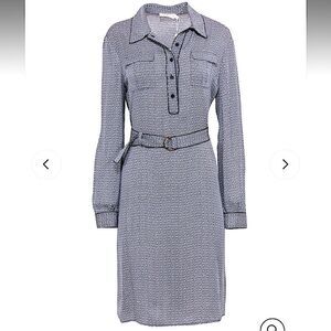Tory Burch Navy & White Chain Print Belted Silk Dress Sz. 2 EUC